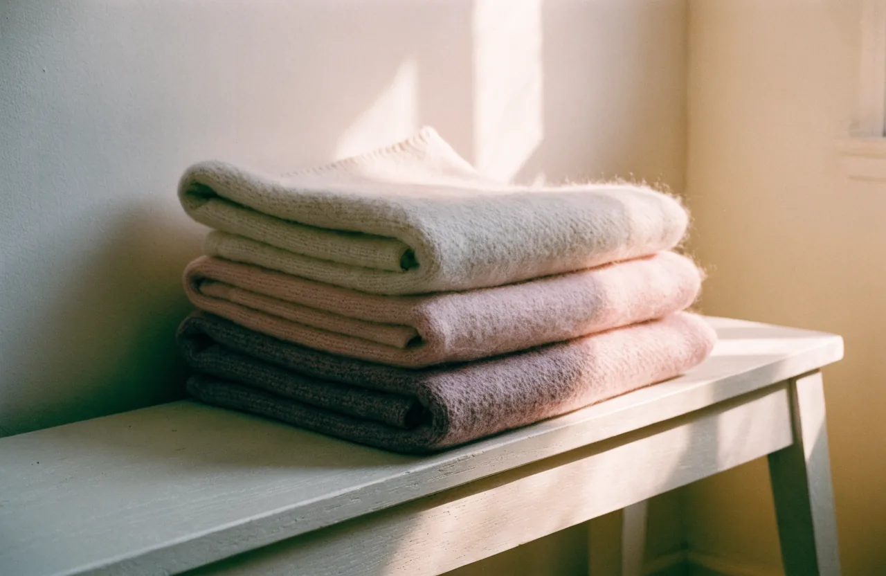 A stack of folded wool blankets in dusty rose, blush and cream on a pale wooden bench.